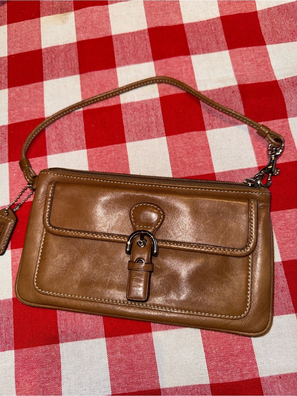 Coach Tan Leather Wristlet Clutch with Buckle Detail